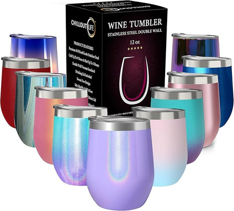 CHILLOUT LIFE 12 oz Stainless Steel Wine Tumbler with Lid - Double Wall Vacuum Insulated Wine Cup Glass Keeping Cold & Hot for Coffee, Champagne, Cocktails, Ice Cream - Purple Sparkle