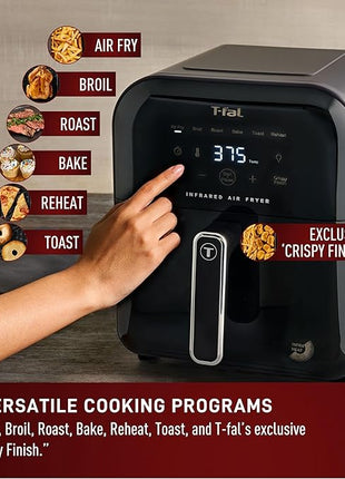 T-fal Infrared Air Fryer, 2x Faster Than Traditional Heating*, Large Air Fryer Toaster Oven Combo, 6 Qt Digital Touch Screen, 7-in-1 Cooking Functions, No-Shake Technology, 1550W, Black,