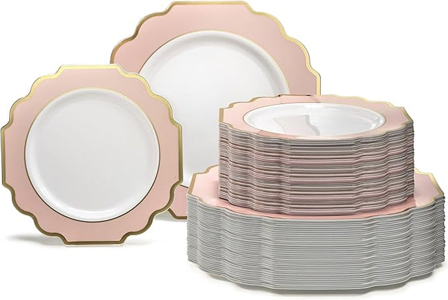" OCCASIONS " 120 Plates Pack,(60 Guests) Heavyweight Premium Wedding Party Disposable Plastic Plates Set -60 x 10.5'' Dinner + 60 x 8'' Salad/Dessert(Imperial in Blush & Gold)
