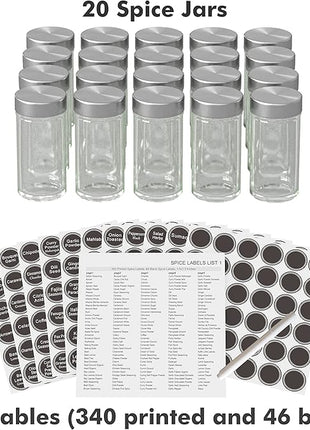 New England Stories Revolving Spice Rack Set with 20 Spice Jars, Kitchen Spice Tower Organizer for Countertop or Cabinet - Carousel Storage Includes 386 Spice Labels (Gold)