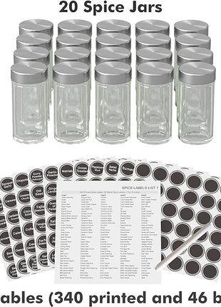 Revolving Spice Rack Set with 20 Spice Jars, Kitchen Spice Tower Organizer for Countertop or Cabinet -- Carousel Storage Includes 386 Spice Labels -- Desktop Rotating Seasoning Organizer