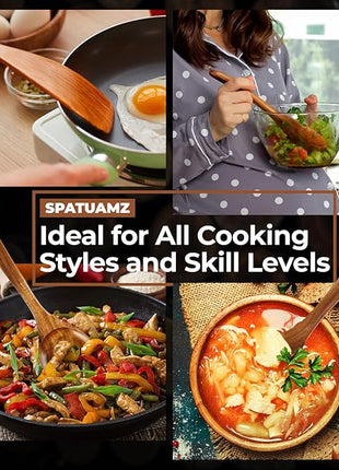 SPATUAMZ Wooden Spoons for Cooking, Teak Wood Nonstick Kitchen Utensils Set, Non-Toxic Wooden Spatula Set of 9 for Any Kitchen