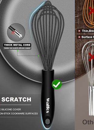 Walfos Silicone Whisk, Stainless Steel Wire Whisk - Heat Resistant Kitchen Whisks for Non-stick Cookware, Balloon Egg Beater Perfect for Blending, Whisking, Beating, Frothing & Stirring, 8.5", Black