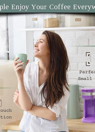 Mixpresso Purple Personal Single Serve Coffee Maker with 14oz Travel Mug, Drip Small Coffee Maker with Auto Shut Off, Reusable Filter, Works with Ground Coffee Only – Not for K-Cup Pods