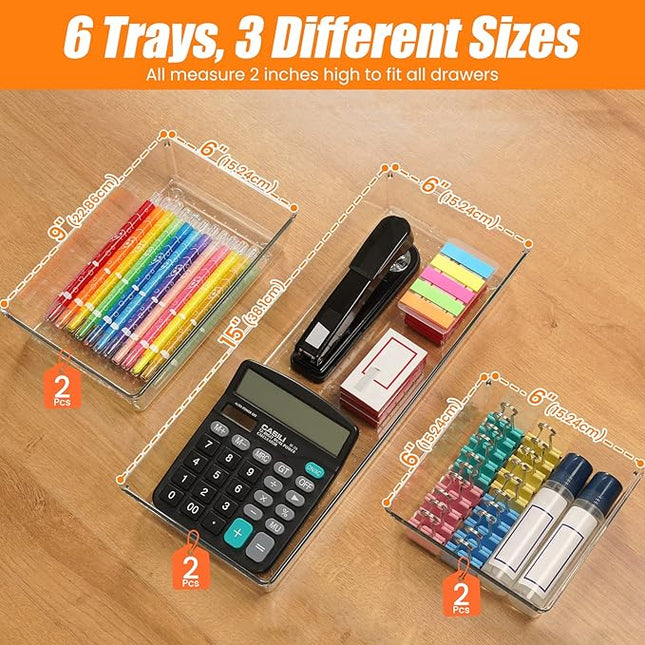 Criusia 6 Pcs Large Size Clear Drawer Organizer Set, Acrylic Non Slip Non Cracking Kitchen Drawer Storage Tray Divider, Multifunctional Storage for Cosmetics, Bathroom, Tools, Kitchen and Office