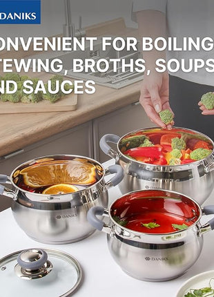 Daniks Modern 6-Piece Stainless Steel Induction Cookware Set – Dishwasher Safe Pots with Heatproof Handles, Glass Lids, Silver