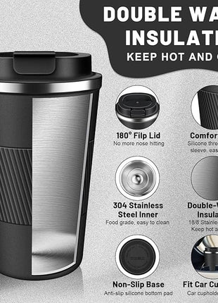 Insulated Coffee Tumblers with Flip Lid 12oz / 17oz, Stainless Steel Travel Coffee Mug Leak Proof, Vacuum Insulated Coffee Mug Reusable Cup, Keeps Cold and Hot for Coffee Tea