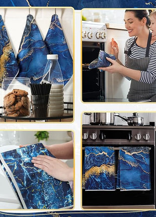 Boyiee Set of 6 Marble Kitchen Towels Blue Gold Hand Modern Absorbent Soft Decorative Dish Tea Towels 24 x 16 Inches Kitchen Gifts for Farmhouse Bathroom Decorations