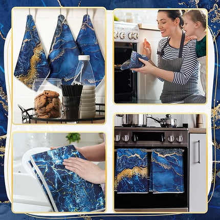 Boyiee Set of 6 Marble Kitchen Towels Blue Gold Hand Modern Absorbent Soft Decorative Dish Tea Towels 24 x 16 Inches Kitchen Gifts for Farmhouse Bathroom Decorations