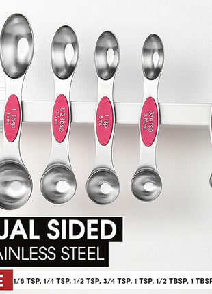 Spring Chef Pink Stainless Steel Magnetic Measuring Spoons Set of 8 with Leveler, Dual Sided Teaspoon & Tablespoon Measuring Set for Dry and Liquid Ingredients, Kitchen Gadgets for Baking & Cooking