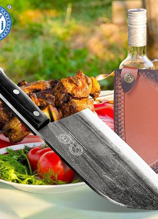 XYJ Authentic Since 1986,Outstanding Ancient Forging, 7.5 Inch Full Tang, Serbian Chefs knife,Chef Meat Cleaver,Kitchen Knives,Set with Leather Sheath,Take Carrying,Butcher