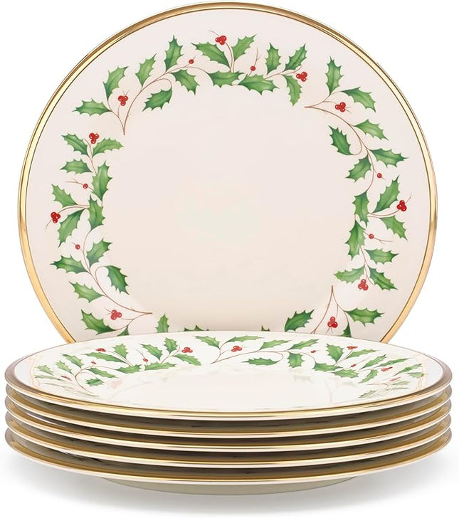 Lenox Holiday 6-Piece Dinner Plates Dinnerware Set, Service For 6, Porcelain, Dishwasher Safe, Round Plates Set, Holiday Red & Green, Perfect for Gatherings, Christmas Dinnerware (Ivory, 6 Piece)