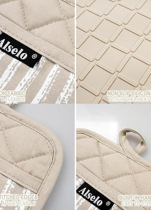 Silicone Pot Holders Set of 3 Heat Resistant & Non Slip Potholders, Professional Oven Hot Pads with Pockets Mitts for Kitchen Cooking Baking Barbecue (Khaki, 3)