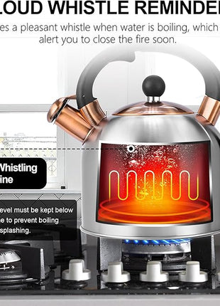 SUSTEAS Tea Kettle - 3.17QT Whistling Kettle with Ergonomic Handle - Premium Stainless Steel Tea Pots for Stove Top, Chic Vintage Teapot with Composite Base, Work for All Stovetops (Silver)