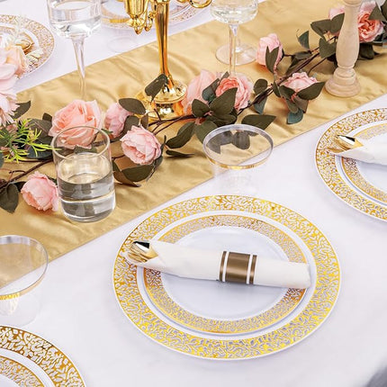 DaYammi 210 PCS Gold Plastic Plates, Gold Plastic Dinnerware Sets, Includes: 30 Dinner Plates, 30 Salad Plates, 30 Pre Rolled Napkins with Gold silverware,30 Cups 9 OZ, Perfect for Wedding and Party