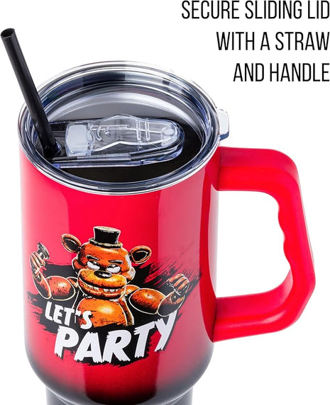 Silver Buffalo Five Nights At Freddy's “Let's Party” Stainless Steel Tumbler with Handle Featuring Freddy Fazbear, Fits in Standard Cup Holder, 40 Ounces