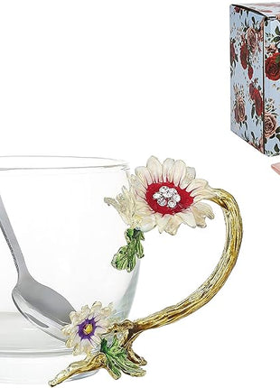 Handicraft Crystal Glass 3D Flower Cups Tea Mug With Tea Spoon Women Coffee, Tea, Juice, Beer, Milk Hot And Cold Drinks Use Gift Package. (Chrysanthemum, 11 OZ)