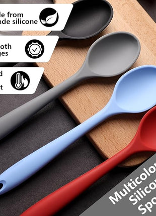 HAKSEN 4PCS Silicone Spoons for Cooking, 10.8'' Heat Resistant Mixing Spoons for Nonstick Cookware, Silicone Kitchen Utensils for Baking Stirring Serving Food, Sturdy and Durable
