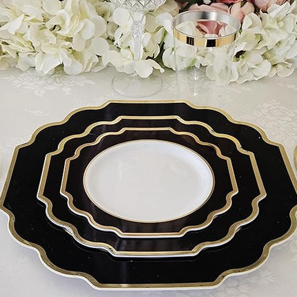 " OCCASIONS " 240 Plates Pack,(120 Guests) Heavyweight Wedding Party Disposable Plastic Plates Set -120 x 10.5'' Dinner + 120 x 8'' Salad / Dessert (Imperial in Black & Gold)