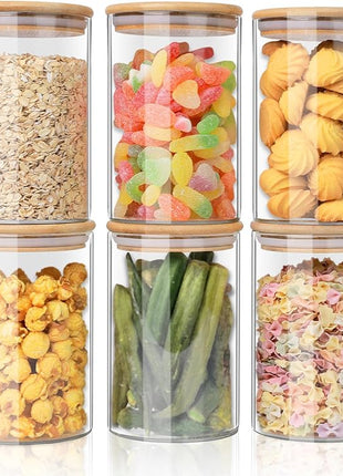 YUNCANG Glass Food Storage Jars 37oz [Set of 6],Clear Glass Food Storage Containers with Airtight Bamboo Lid Stackable Kitchen Canisters for Candy,Cookie,Rice,Sugar,Flour,Pasta