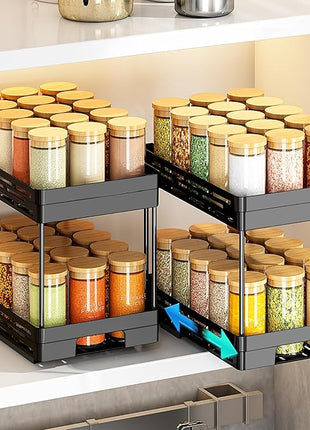 Pull Out Spice Rack Organizer for Cabinet, 2 Pack Widen Slide Out Spice Racks Organizer, Spice Cabinet Organizers, Cabinet Size Need:12'' Highx11'' Deepx6.75'' Wide,Hold 15 Spice Jar Each Tier-2Tier