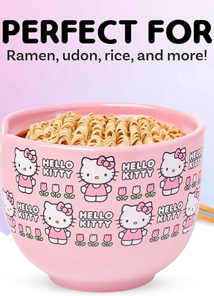 Silver Buffalo Sanrio Hello Kitty Flowers Pattern Ceramic Ramen Noodle Rice Bowl with Chopsticks, Microwave Safe, 20 Ounces