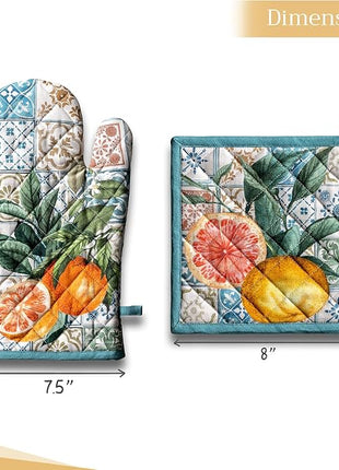 Maison d' Hermine 100% Cotton Oven Mitt & Pot Holder Set (7.5"x13" & 8"x8") Heat Resistant BBQ Cooking Gloves with Loop, Baking, Grilling, Kitchen, Handling Hot Pans Spring/Summer (Agrume)