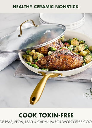 GreenPan Swift 12" Ceramic Nonstick Frying Pan Skillet with Lid, PFAS & PFOA-Free Healthy Cooking, Gold Stainless Steel Handle, Versatile Cooking Essentials, Dishwasher & Oven Safe, Cream