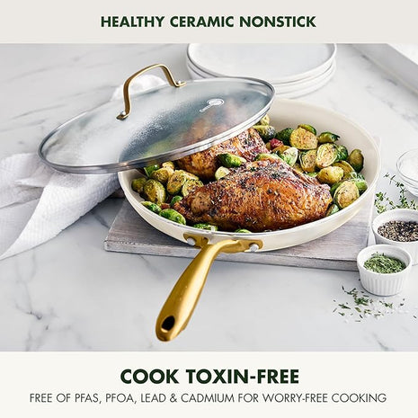 GreenPan Swift 12" Ceramic Nonstick Frying Pan Skillet with Lid, PFAS & PFOA-Free Healthy Cooking, Gold Stainless Steel Handle, Versatile Cooking Essentials, Dishwasher & Oven Safe, Cream