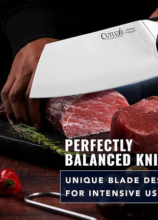 Cutluxe Meat Cleaver Knife - 7" Heavy Cleaver Butcher Knife, Razor Sharp German Steel Blade, Full Tang, Ergonomic Handle Design – Artisan Series