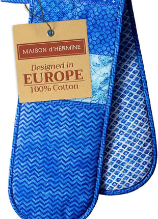 Maison d' Hermine Double Oven Mitts 100% Cotton 7"x35" Double Oven Mitt Heat Resistant BBQ Cooking Gloves with Loop, Baking, Grilling, Home, Kitchen, Handling Hot Pans Spring Summer (Indigo Love)