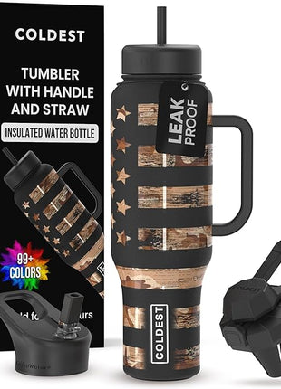 Coldest Tumbler with Handle and Straw, 100% Leak Proof Insulated Tumbler with Lid and Straw (3 Lids), Stainless Steel Tumblers for Women & Men, Cup Holder Friendly, 46 oz (Camouflage Flag)