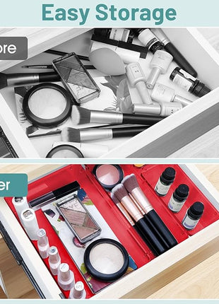 WOWBOX 25 PCS Plastic Drawer Organizer Set, 4 Sizes Desk Drawer Divider Organizers and Storage Bins for Makeup, Jewelry, Gadgets for Kitchen, Bedroom, Bathroom, Office, Clear Red