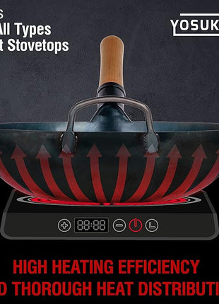 YOSUKATA 13.5” Blue Carbon Steel Wok Pan – Pre-Seasoned Flat Bottom Wok Compatible with open fire, gas, electric, ceramic, induction cooktops -Traditional Chinese Pan for Stir Fry, BBQ, Grill, Camping