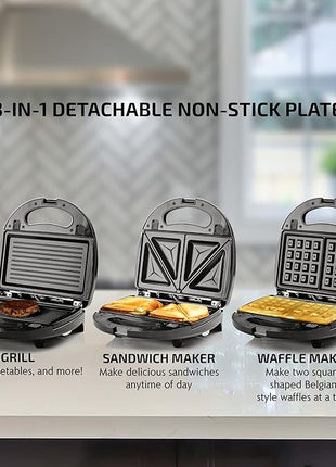 OVENTE 3 in 1 Electric Sandwich Maker, Panini Press Grill and Waffle Iron Set with Removable Non-Stick Plates, Perfect for Cooking Grilled Cheese, Tuna Melts, Burgers, Steaks and Snacks, Black GPI302B