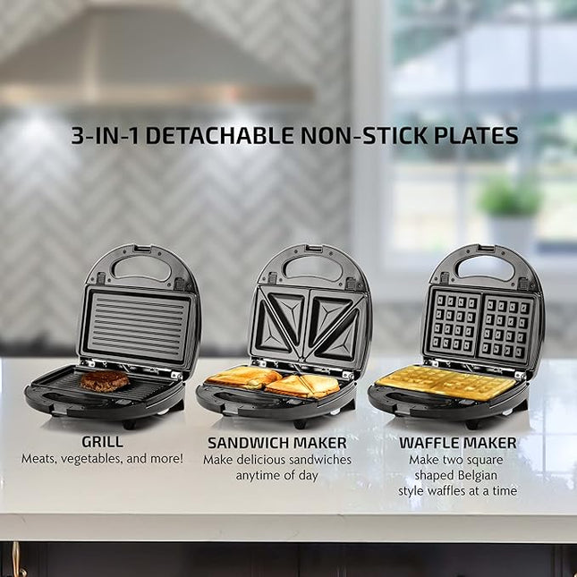 OVENTE 3 in 1 Electric Sandwich Maker, Panini Press Grill and Waffle Iron Set with Removable Non-Stick Plates, Perfect for Cooking Grilled Cheese, Tuna Melts, Burgers, Steaks and Snacks, Black GPI302B