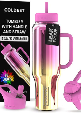 Coldest Tumbler with Handle and Straw - 100% Spill Proof Tumbler with Straw (3 Lids) - Stainless Steel Insulated Leakproof Tumblers for Women & Men - Cup Holder Friendly - 46 oz (SunTan Nova)