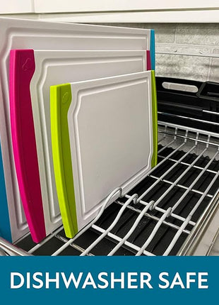 Neoflam 4 Piece Plastic Coded Cutting Board Set plus Organizer with Food Icon, Microban Protection, Extra Large, BPA Free, Juice Groove, Non Slip, Dishwasher Safe, Multicolor