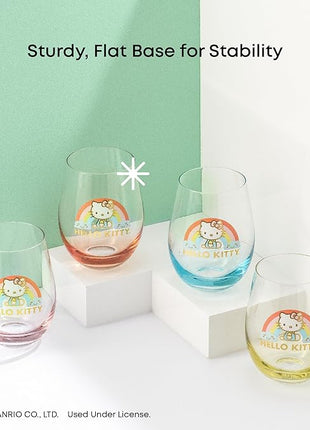JoyJolt Hello Kitty Sweet Rainbow Stemless Drinking Glasses Set of 4, 19oz Glass Cups, Kawaii Kitchen Glassware Sets, Sanrio Hello Kitty Merch, Teardrop Tumblers for Water, Juice, Coffee, Iced Tea