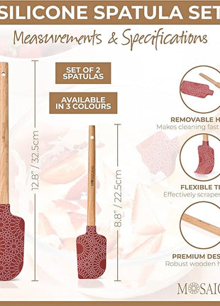 Silicone Spatula set of 2 with wooden handle and stunning pattern (Red)