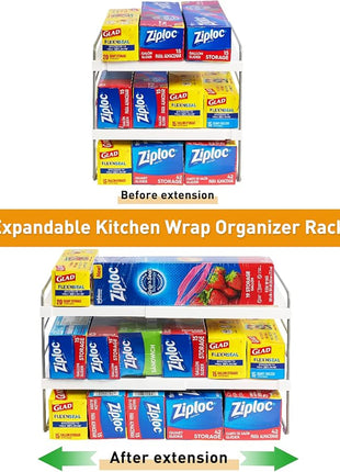 2 Pack Pantry Organization and Storage, Expandable Foil and Plastic Wrap Organizer, Adjustable Kitchen Wrap Organizer Rack for Cabinet, Foil Saran Wrap Holder Shelf for Sandwich Plastic Bags Box,
