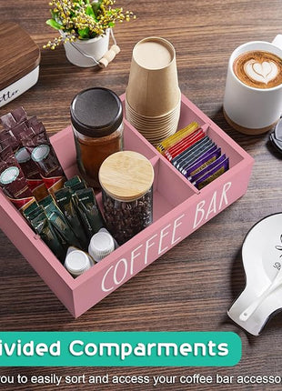 ALELION ALEION Coffee Station Organizer - Wood Countertop Accessories Organizer with Removable Dividers for Pods Condiment Syrup Tea Cups Stirrers - Pink Decor for Kitchen Coffee Bar