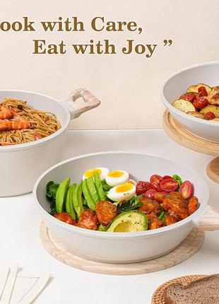 12 Pcs Pots and Pans Set, Nonstick Cookware Sets White Granite Induction Cookware, Non-toxic Healthy Non Stick Kitchen Cooking Set with Frying Pans Set, Saucepans,Steamer (PFAS, PFOA, PFOS Free)