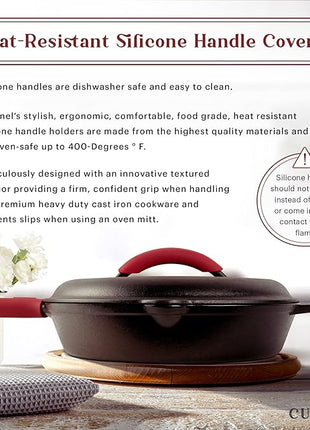 Cuisinel Cast Iron Skillet with Lid - 12"-inch Pre-Seasoned Covered Frying Pan Set + Silicone Handle & Lid Holders + Scraper/Cleaner - Indoor/Outdoor, Oven, Stovetop, Camping Fire, Grill Safe Cookware