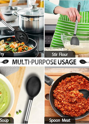 Pack of 4 Large Silicone Cooking Spatulas and Spoons, Slotted and Solid Stainless Steel Cooking Utensils Set, Non-stick Heat Resistant Kitchen for Baking, Fried, Stir-Fry, Mixing, Serving (Black)