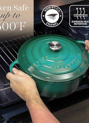Nuovva Enamelled Cast Iron Dutch Oven Pot with Lid – 6.4 Quart Non Stick Casserole Pot – Heavy Duty & Oven Safe up to 500° F for Bread Baking, Braising, Stews, Roasting – 28cm Dark Green