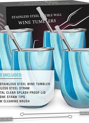 CHILLOUT LIFE 12 oz Stainless Steel Wine Tumblers 4 Pack - Double Wall Vacuum Insulated Wine Glasses Cups with Lids and Straws Set Keeping Cold & Hot for Coffee, Beer, Ice Cream - Ocean Marble Pattern