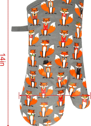Oven Mitts Gloves 1 Pair Heat Resistant 480 ℉ Non Slip Clear Silicone Printed Fox Comfortable Cotton Lining Kitchen Women Men Cooking Baking Barbecue Machine Washable (Fox, Gray Mittens)