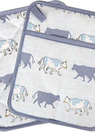 Pot Holders Set of 2 Heat Resistant 480℉ Kitchen 100% Cotton Comfortable Lining Printing Fox Flower Women Men Home Cooking Baking Microwave BBQ Gift (Cow potholder)