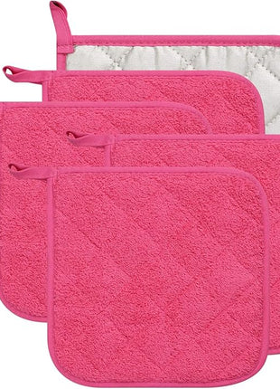 100% Cotton Kitchen Everyday Basic Terry Pot Holder Heat Resistant Coaster Potholder for Cooking and Baking Set of 5 (Dark Pink, Potholder)